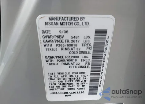 2007 Infiniti Fx35 from USA, damaged, VIN JNRAS08W87X203226
